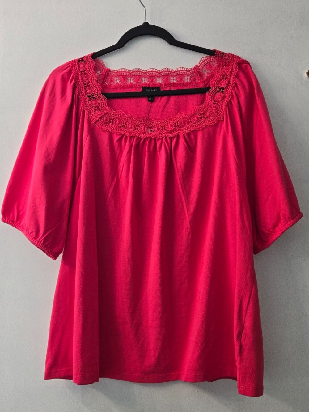 Talbots Vibrant Pink Lace Trim Square Neck Blouse short sleeve blouse XL